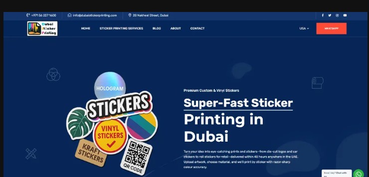 Dubai Sticker Printing WordPress homepage showing the sticker-printing enquiry experience.